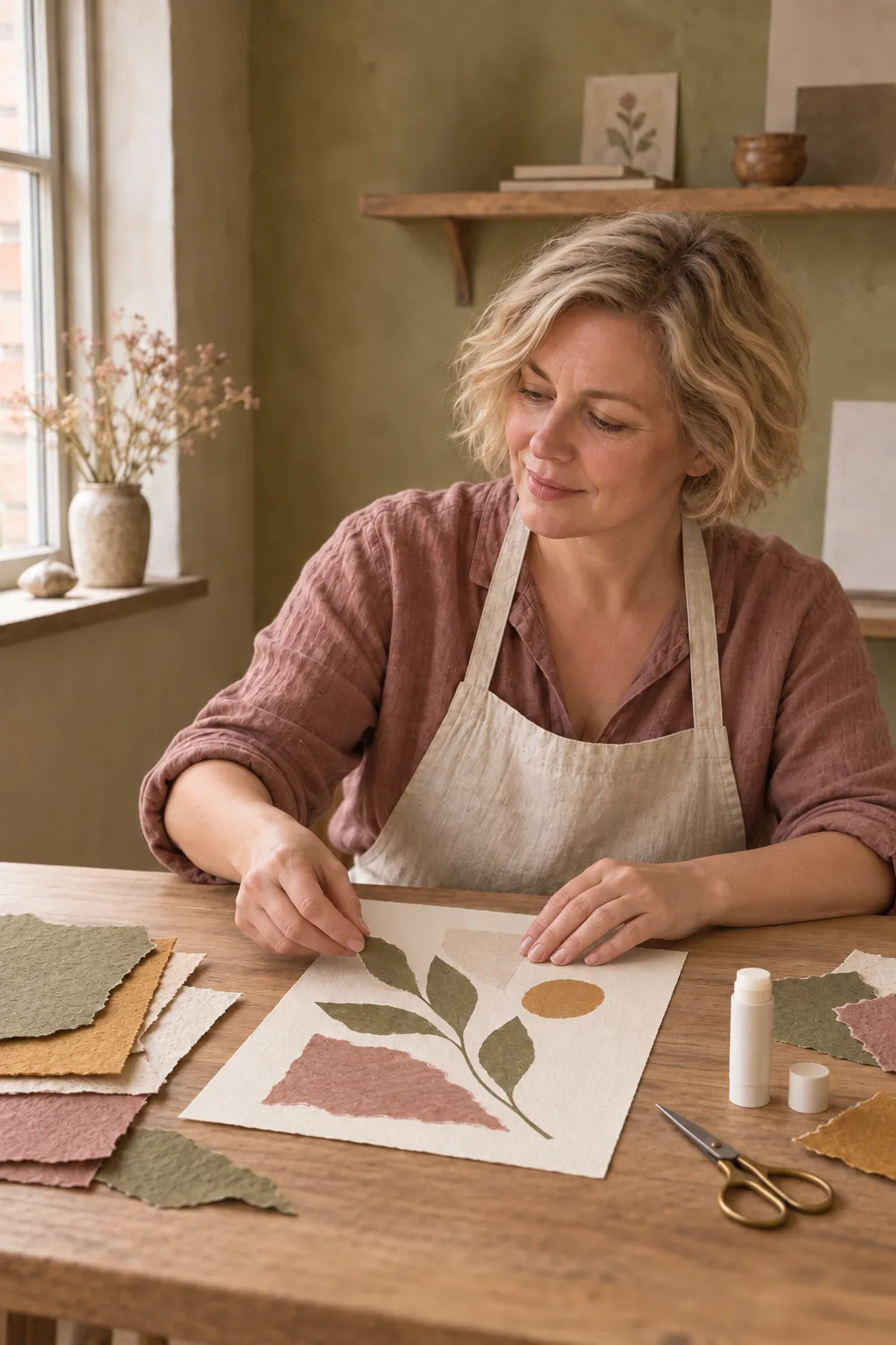 Artiste entourée de son matériel dans un atelier
