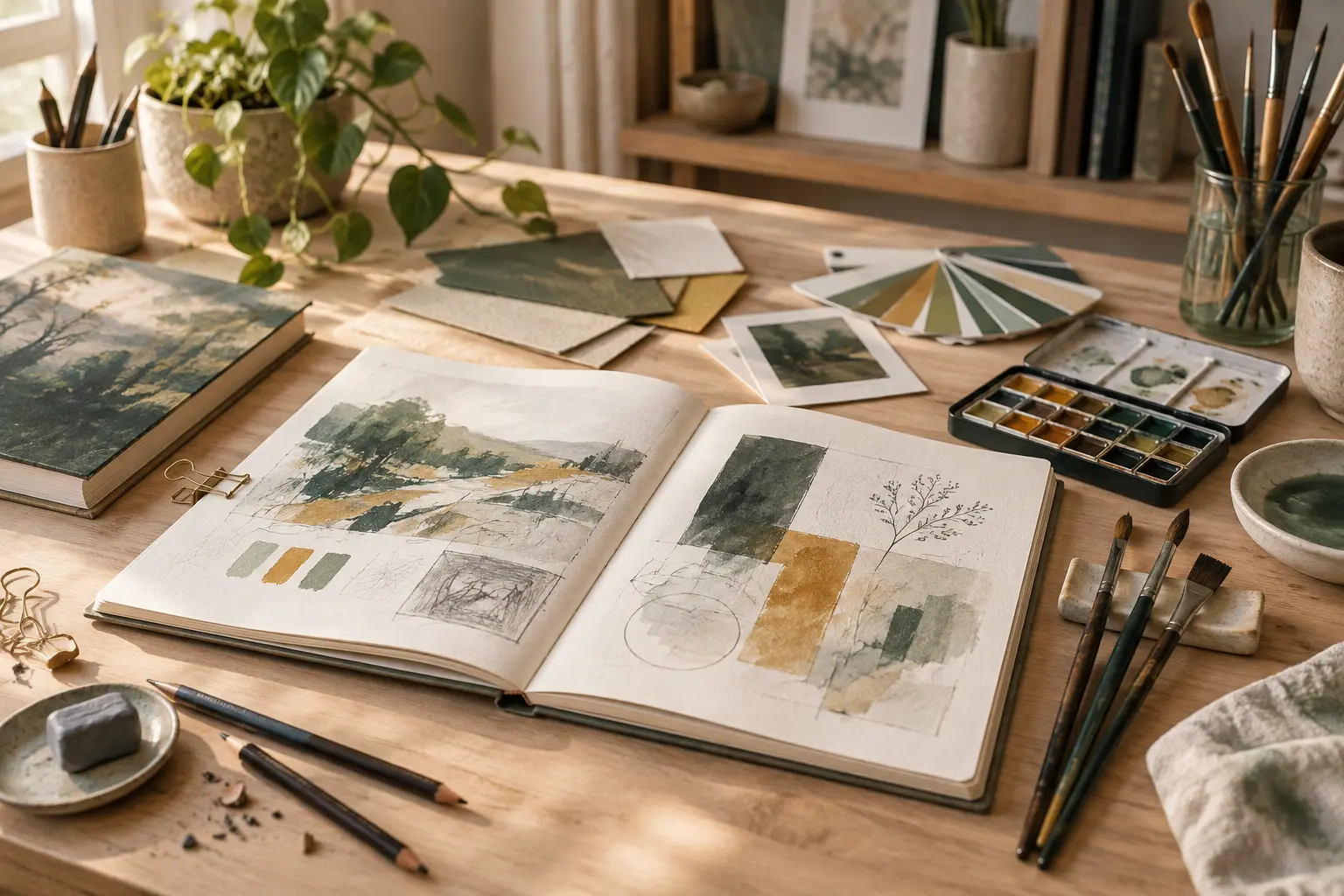Une artiste au travail avec ses pinceaux