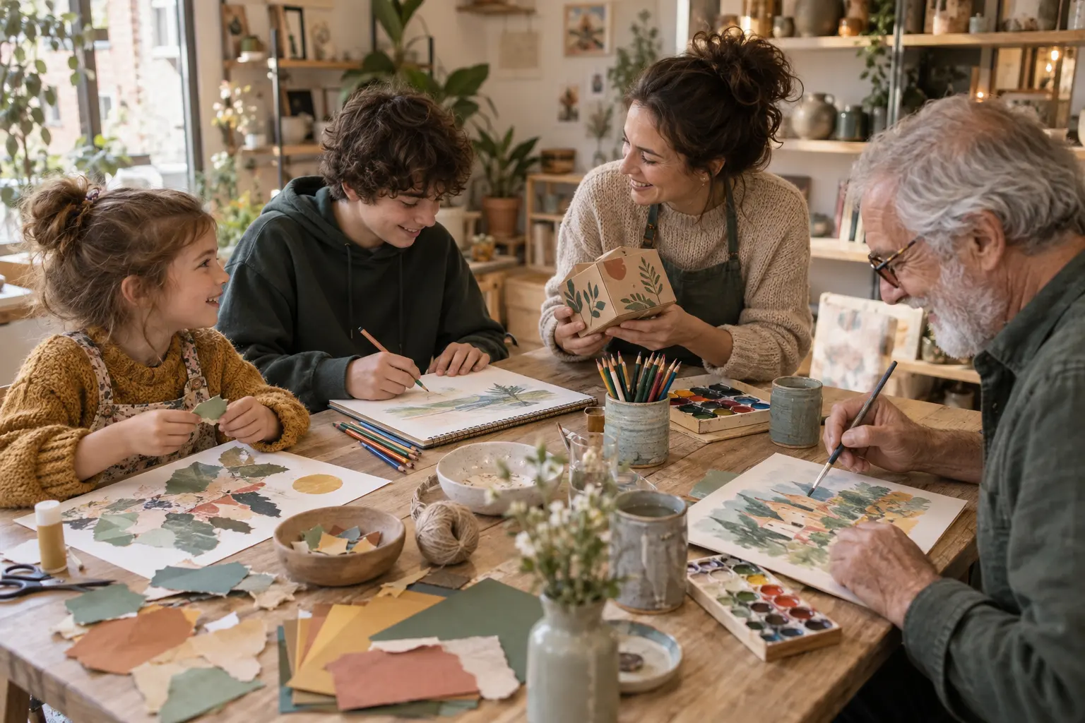 Artiste au travail dans un atelier lumineux